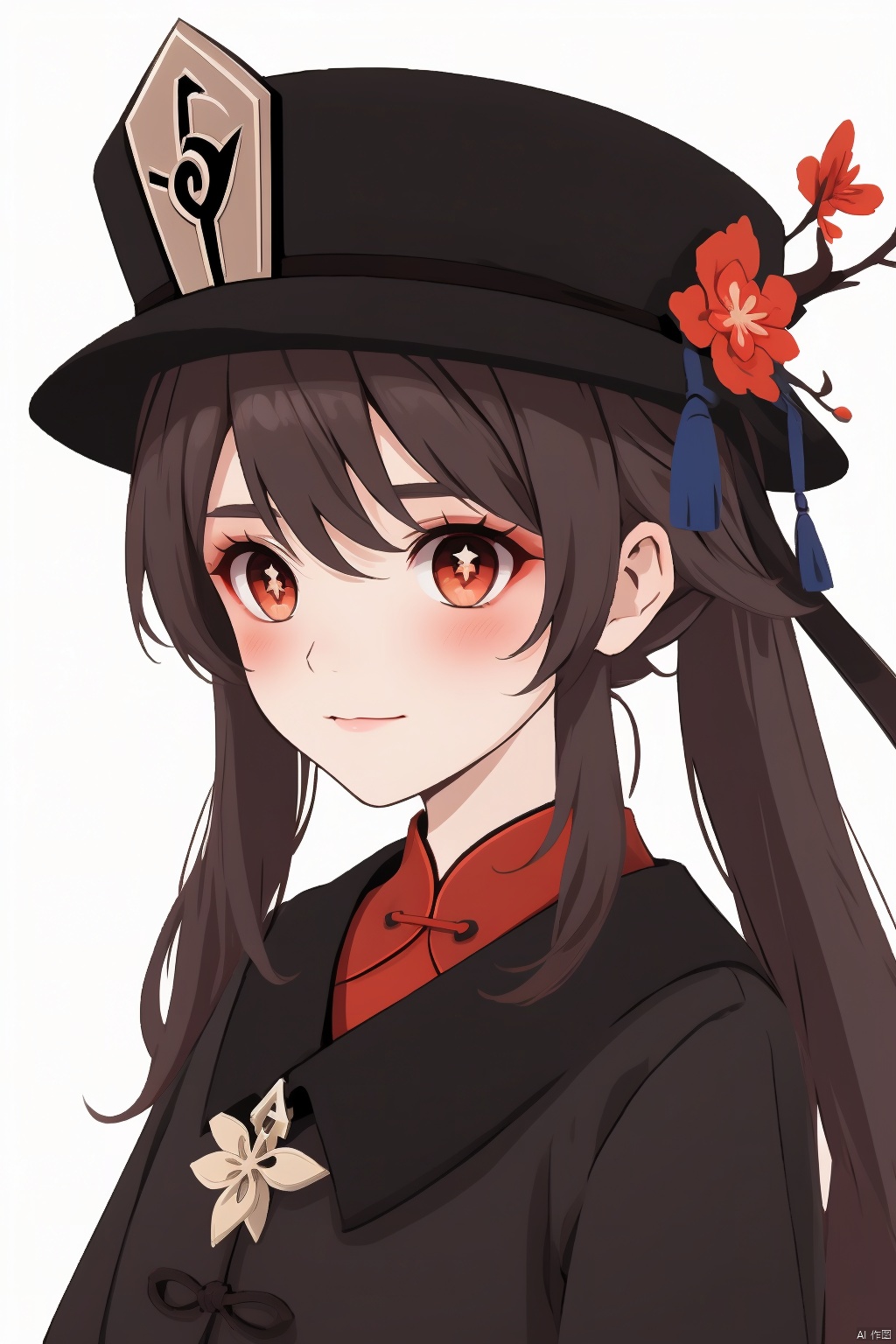 hu tao, plum shaped pupil, 1girl, hu tao \(genshin impact\), solo, hat, brown hair, :3, red eyes, looking at viewer, twintails, long hair, white background, flower, symbol-shaped pupils, simple background, blush, hat flower, bangs, smile, black headwear, closed mouth, upper body, hair between eyes, watermark