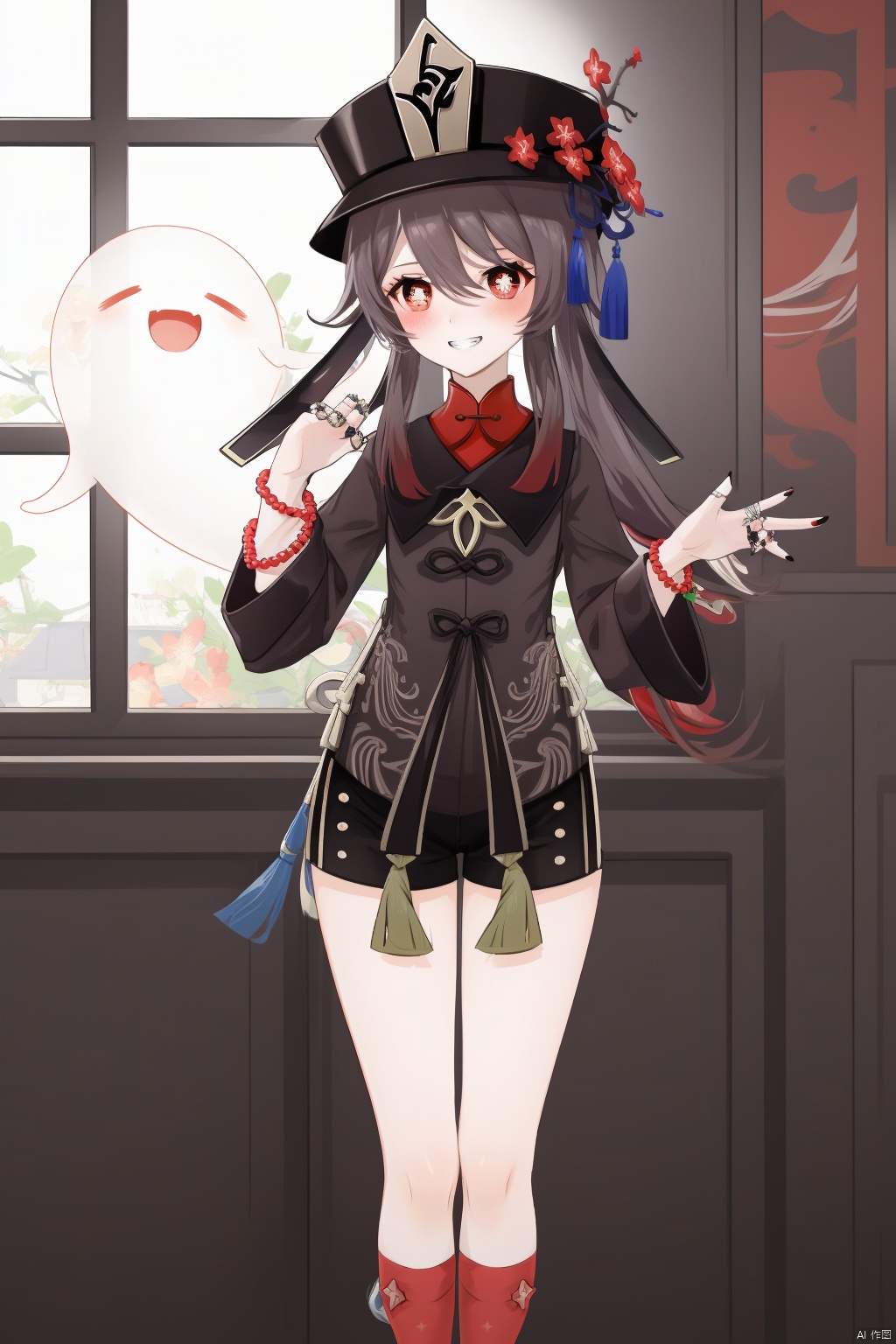hu tao, plum shaped pupil, 1girl, hu tao \(genshin impact\), boo tao \(genshin impact\), symbol-shaped pupils, hat, ghost, smile, brown hair, jewelry, twintails, looking at viewer, shorts, butterfly, bug, red eyes, long hair, flower, black nails, solo, grin, black headwear, thighs, plum blossoms, bead bracelet, ring, long sleeves, beads, nail polish, bracelet, black shorts, hat flower, flower-shaped pupils, very long hair, porkpie hat, bangs, blush, claw pose, coattails, teeth, multiple rings, short shorts, shirt, socks, hair between eyes, window, chinese clothes, tassel