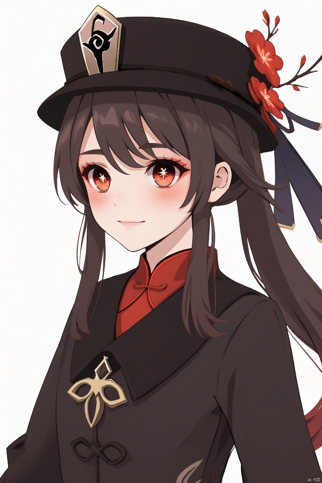 hu tao, plum shaped pupil, 1girl, hu tao \(genshin impact\), solo, hat, brown hair, :3, red eyes, looking at viewer, twintails, long hair, white background, flower, symbol-shaped pupils, simple background, blush, hat flower, bangs, smile, black headwear, closed mouth, upper body, hair between eyes, watermark