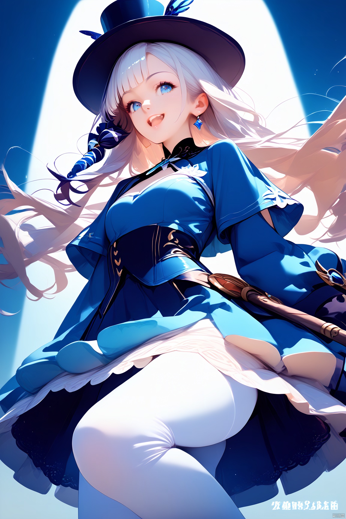 source_anime, score_9, score_8_up, score_7_up, score_6_up, score_5_up, best quality,rein, 1girl, solo, smile, hat, open mouth, blue eyes, dress, low-tied long hair, pantyhose, jewelry, top hat, long sleeves, tiara, white pantyhose, realistic proportions, 1 girl