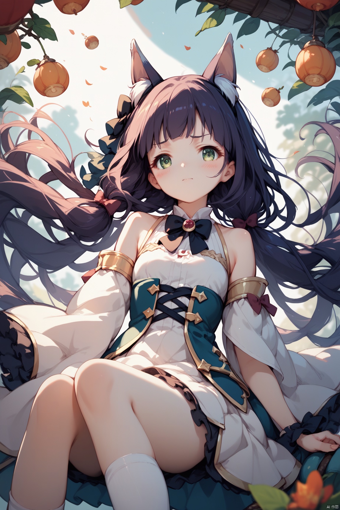 source_anime, score_9, score_8_up, score_7_up, score_6_up, score_5_up, best quality,kyouka (princess connect!), kyokapp, 1girl, blush, bow, solo, very long hair, wide sleeves, long sleeves, frills, skirt, realistic proportions