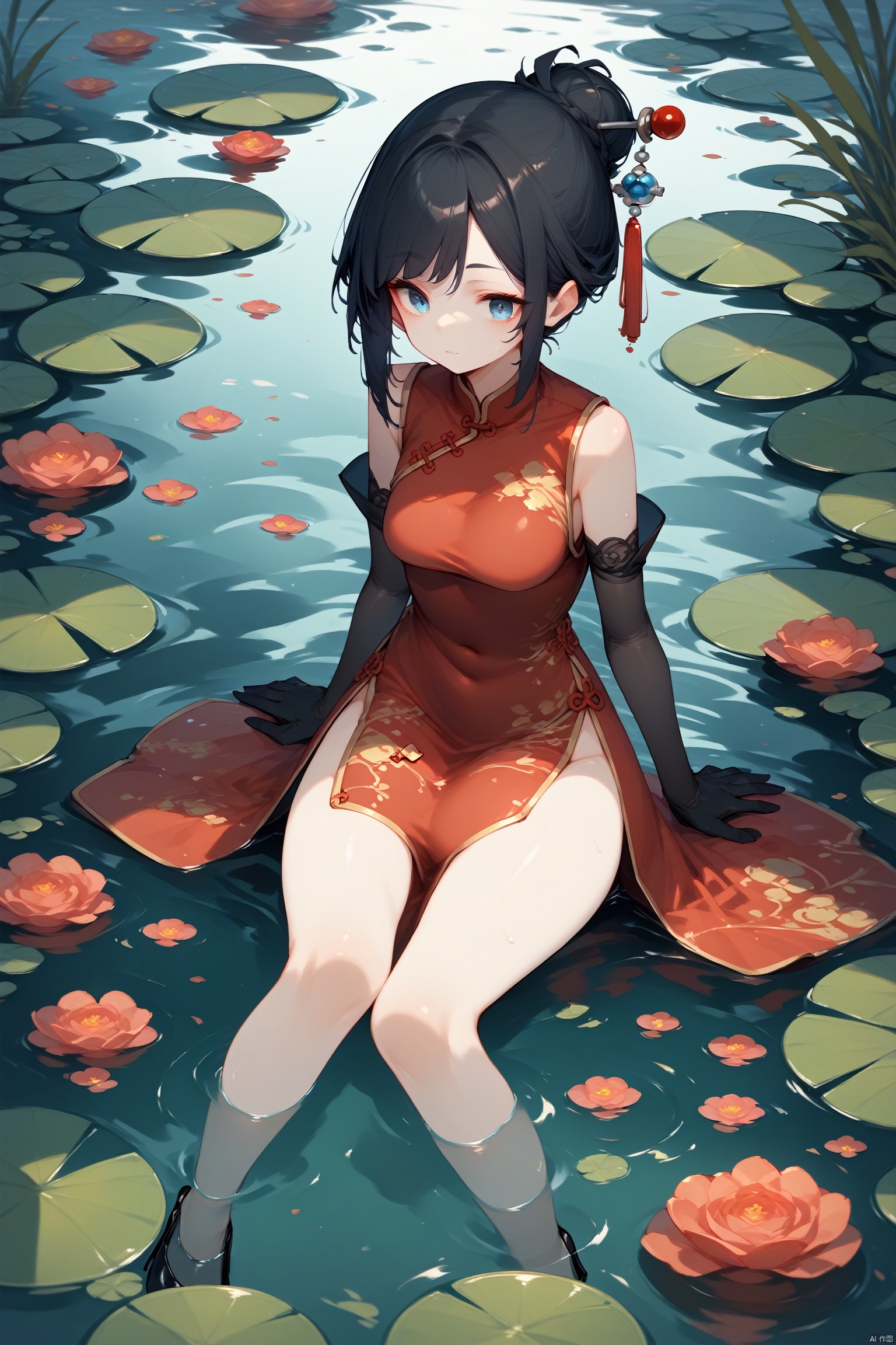  score_10,score_9_up,score_8_up,score_7_up,hadrian,simplebackground,pond,sitting,1girl,ruanmei,def clothe,gloves,blue eyes,black hair,dress,breasts,high heels,chinese clothes,legs in water, 1 girl