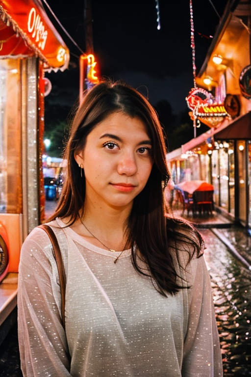 portrait of a woman in front of a diner at night raining,  perfect eyes on Tensor.Art