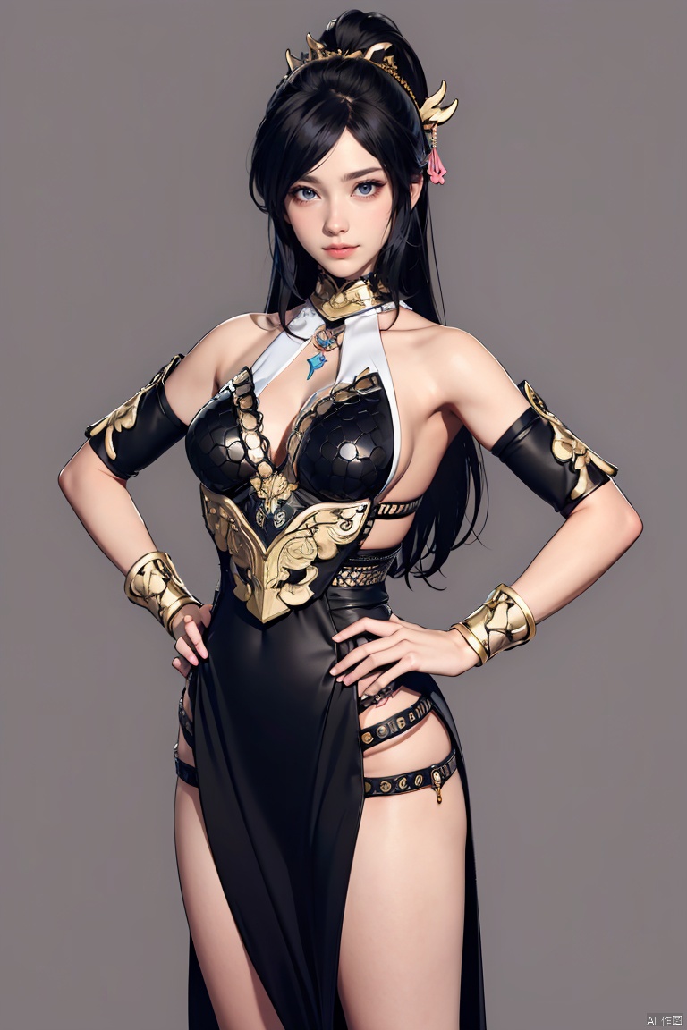  SGZ2, 1girl, solo focus, solo, black dress, hands on hips, looking at viewer, long hair, black hair, blush, dark simple background, Diaochan, luna, , athena