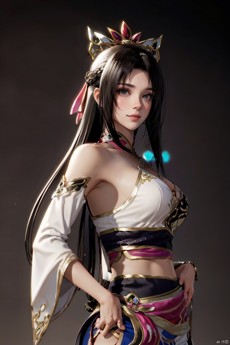 SGZ2, 1girl, solo focus, solo, black hanfu, hands on hips, looking at viewer, long hair, black hair, blush, dark simple background, Diaochan