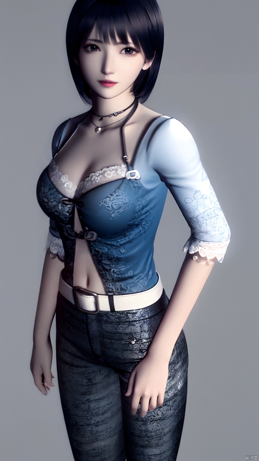 HeiZeLin, dark blue daily clothes,black jeans, breasts, short hair, simple background, black hairm, lace, navel, white belt, black pants, necklace, hand on hip, realistic, Neck rope