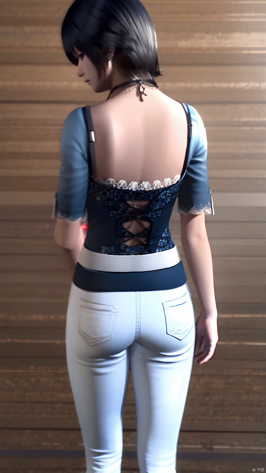 HeiZeLin, dark blue daily clothes,black jeans, breasts, short hair, simple background, black hairm, lace, navel, white belt, black pants, necklace, hand on hip, realistic, Neck rope, back, from behind, facing away