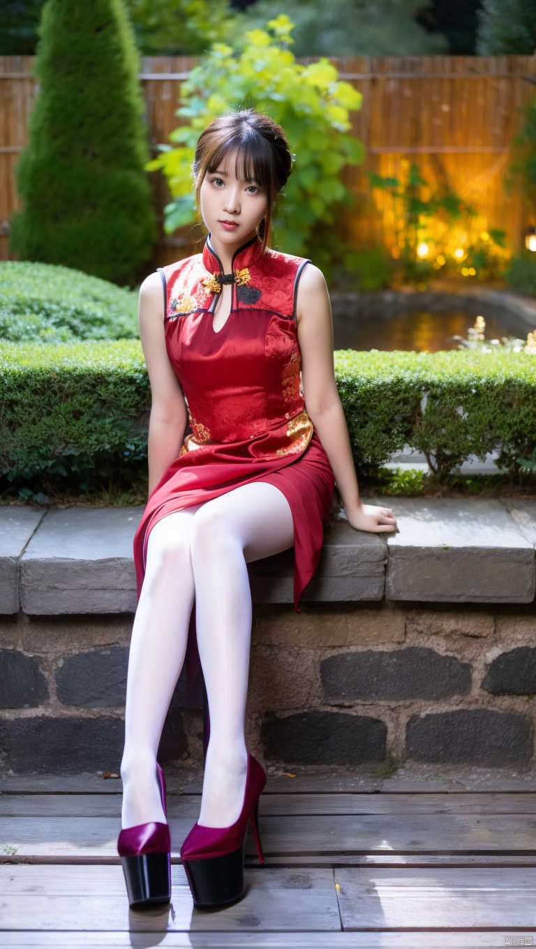  late at night ,1girl, solo, pantyshot,dress,sitting, pantyhose, long hair,platform, platform footwear, brown hair, shoes, full body, chinese dress,gold dress,pink footwear, outdoors, bangs,sleeveless,see-through, natural skin pantyhose, deep in the garden,night,looking_at_viewer,short hair, collarbone,breasts,sitting on bench, ribbon,