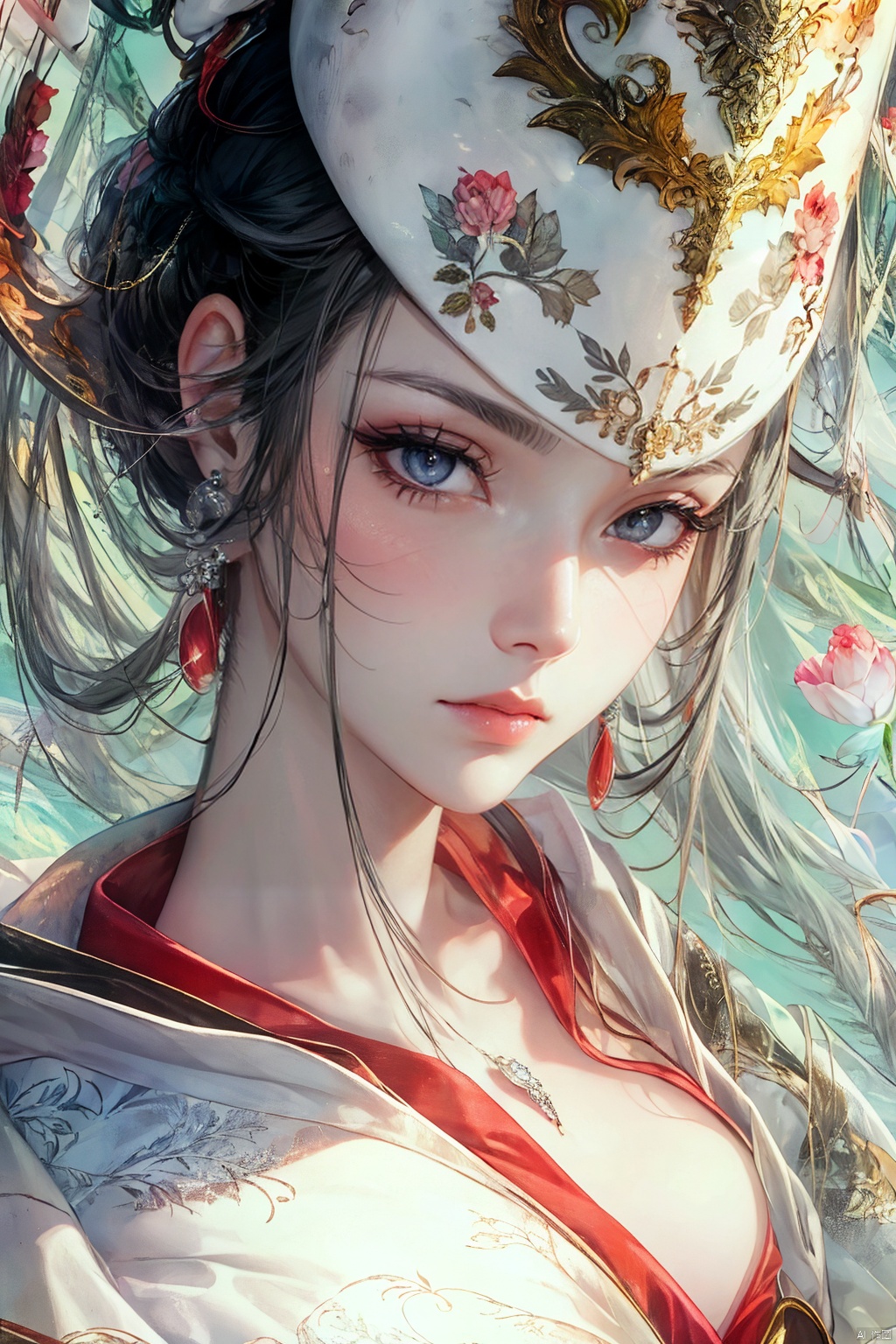 1girl, solo, looking at viewer, black hair, hair ornament, hat, dress, jewelry, upper body, flower, earrings, hair bun, white dress, grey eyes, book, makeup, portrait, red lips