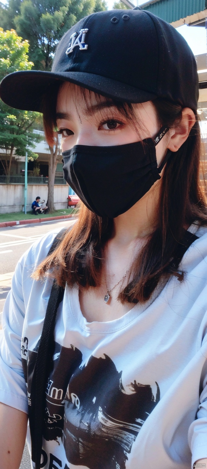 1girl
,
solo,

shirt
,
1boy,

hat,

male focus,

mask,

baseball cap,

mouth mask,
