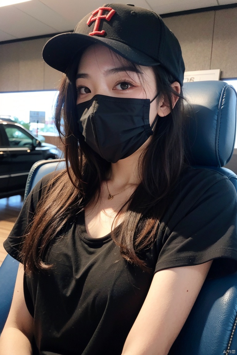  1girl
,
solo,

shirt
,
1boy,

hat,

male focus,

mask,

baseball cap,

mouth mask,looking at viewer,30 years old,face photo,narrow eyes
