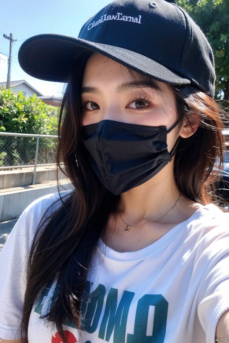  1girl
,
solo,

shirt
,
1boy,

hat,

male focus,

baseball cap,

mouth mask,looking at viewer,30 years old,face photo,narrow eyes,Chinese,
