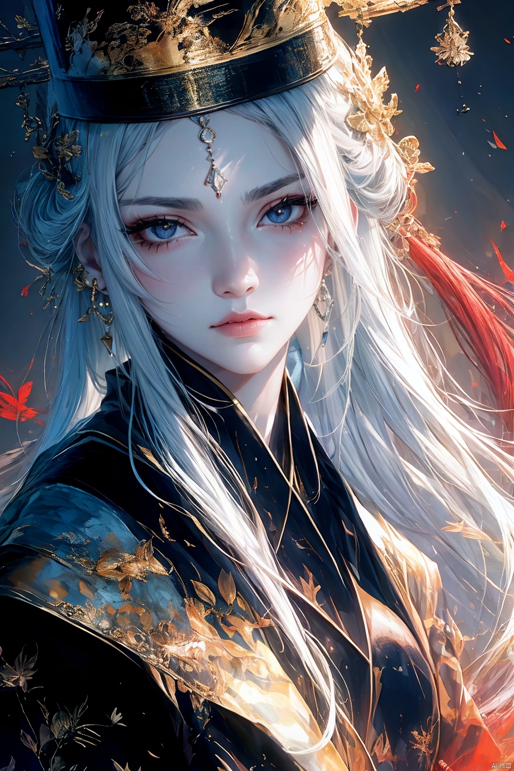 1girl, solo, long hair, looking at viewer, hair ornament, hat, jewelry, upper body, white hair, earrings, grey eyes, makeup, facial mark, chinese clothes, tassel, forehead mark, red lips
