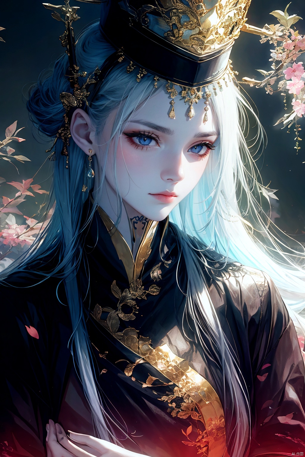 1girl, solo, long hair, looking at viewer, hair ornament, hat, jewelry, upper body, white hair, earrings, grey eyes, makeup, facial mark, chinese clothes, tassel, forehead mark, red lips