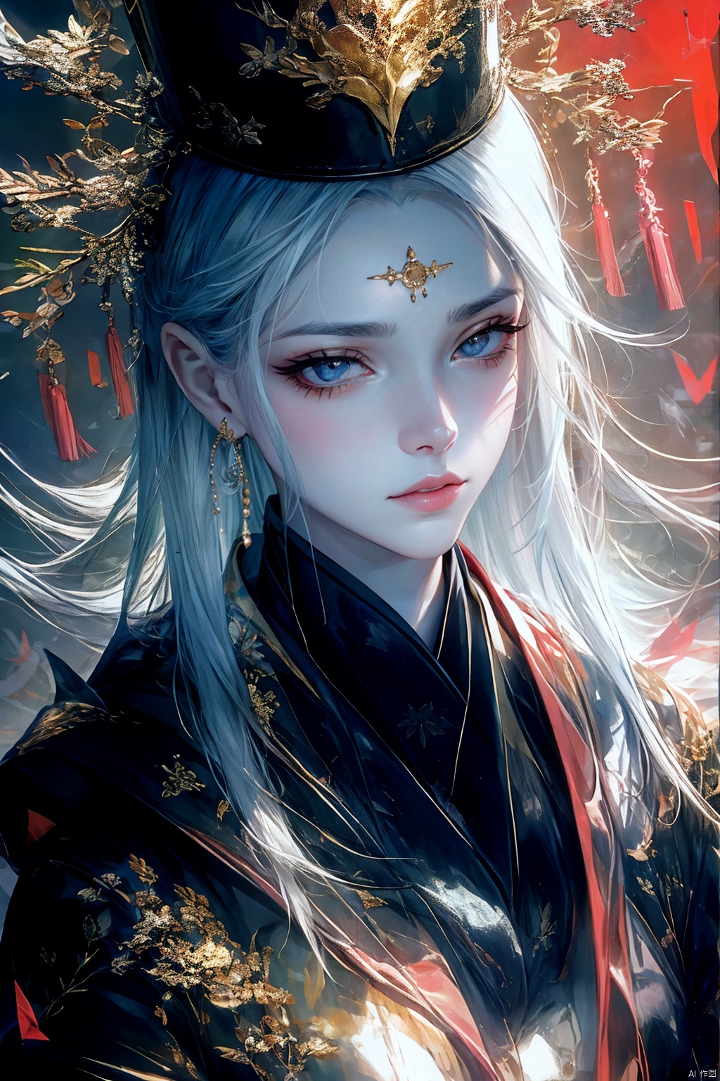1girl, solo, long hair, looking at viewer, hair ornament, hat, jewelry, upper body, white hair, earrings, grey eyes, makeup, facial mark, chinese clothes, tassel, forehead mark, red lips