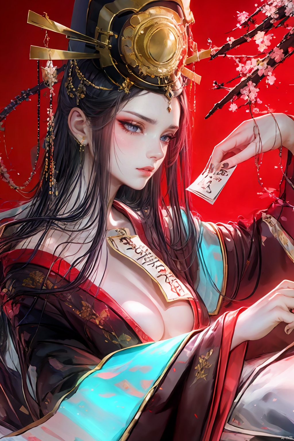  1girl, solo, long hair, looking at viewer, hair ornament, hat, jewelry, upper body, white hair, earrings, grey eyes, makeup, facial mark, chinese clothes, tassel, forehead mark, red lips