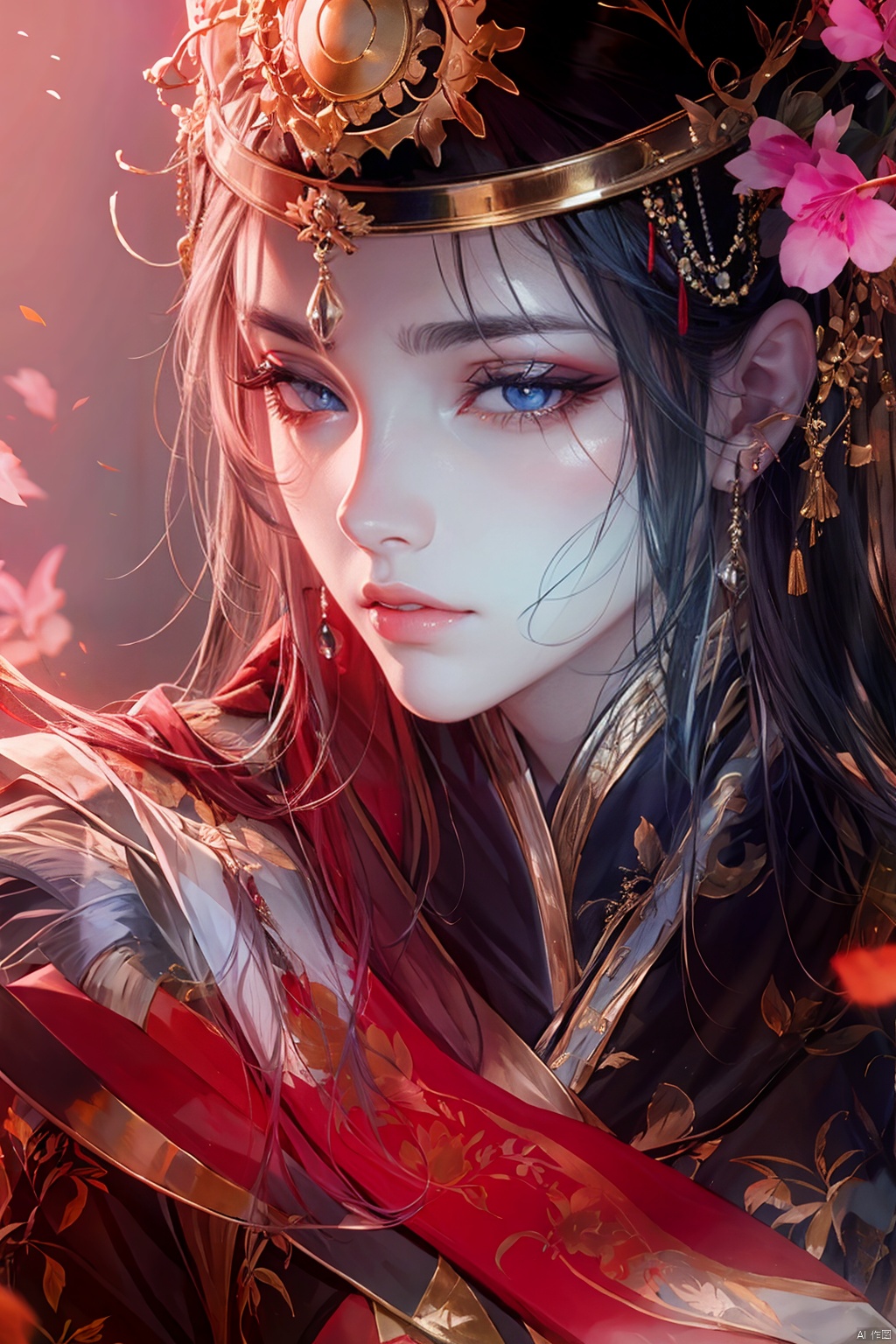 1girl, solo, long hair, looking at viewer, hair ornament, hat, jewelry, upper body, white hair, earrings, grey eyes, makeup, facial mark, chinese clothes, tassel, forehead mark, red lips