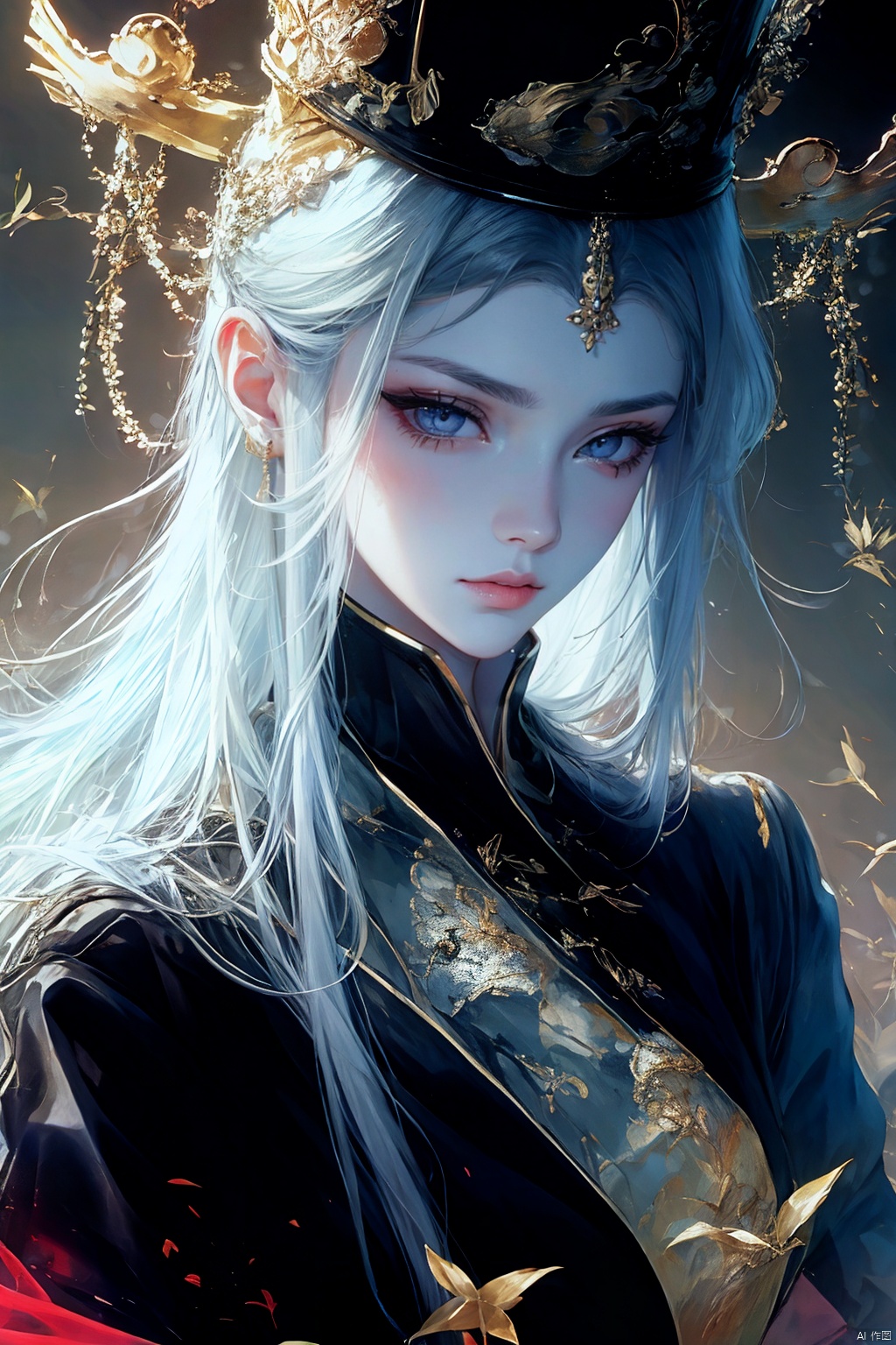 1girl, solo, long hair, looking at viewer, hair ornament, hat, jewelry, upper body, white hair, earrings, grey eyes, makeup, facial mark, chinese clothes, tassel, forehead mark, red lips