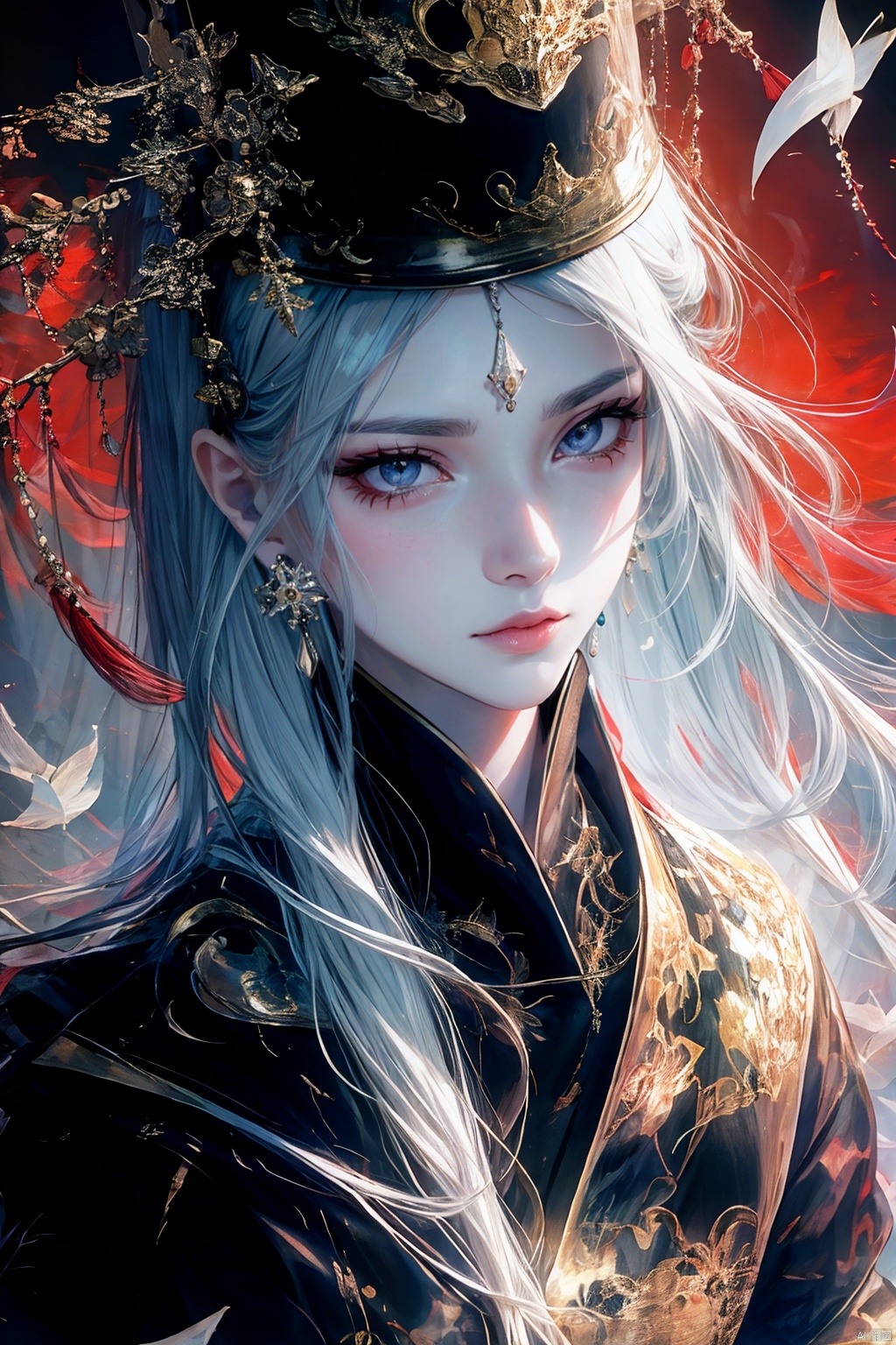 1girl, solo, long hair, looking at viewer, hair ornament, hat, jewelry, upper body, white hair, earrings, grey eyes, makeup, facial mark, chinese clothes, tassel, forehead mark, red lips