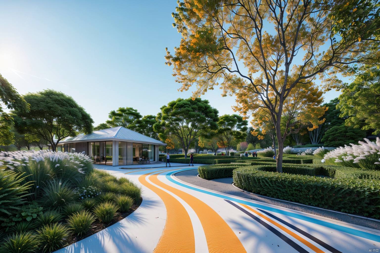 (orange ground:1.5),(white line:1.5),wooden platform, blue road,day,tree,sunlight,HDR,UHD,8K,best quality,masterpiece,Highly detailed,Studio lighting,sharp focus,HDR-based rendering,extreme-description,Beautiful composition,a peaceful atmosphere,advanced sense,Comfortable scale,creative layout,gravel,Rich plant groupings,Richly layered space with plenty of functional space,Best Lighting,(colourful line:1.5)