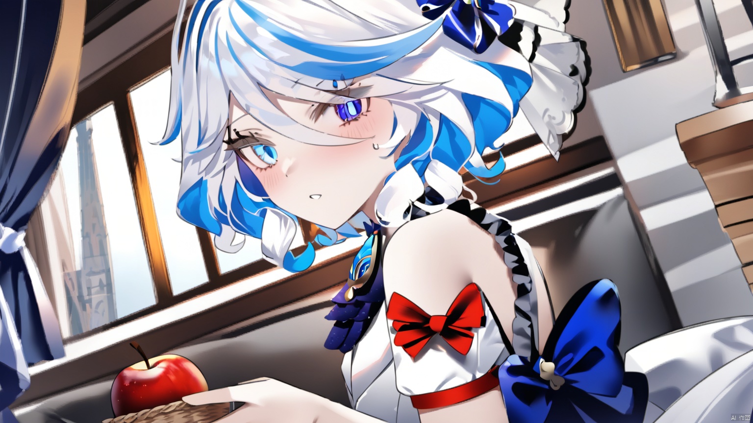  furina,masterpiece,best quality,high quality,(colorful),[Artist onineko],[Artist chen bin],[Artist agwing86],[[Artist wlop]], 1girl, solo, blue eyes, food, dress, basket, looking at viewer, white dress, white hair, holding, window, apple, fruit, holding basket, sleeveless, ahoge, ribbon, sleeveless dress, indoors, parted lips, hair ornament, flower, hair between eyes, blue ribbon, hair ribbon, blush, from side, hair flower, frills, short hair, blue bow, frilled dress, medium hair, looking to the side, curtains, bare shoulders, bow, standing