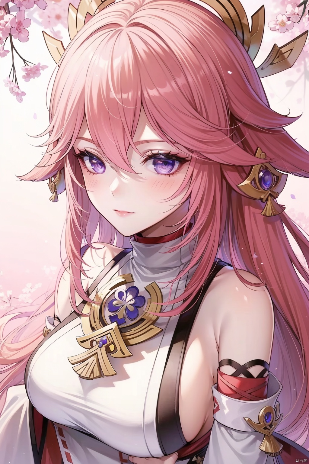 yae miko, 1girl, solo, breasts, pink hair, purple eyes, long hair, looking at viewer, detached sleeves, hair between eyes, bare shoulders, wide sleeves, japanese clothes, large breasts, hair ornament, upper body, bangs, closed mouth, vision \(genshin impact\), long sleeves, blush, jewelry, fox ears
