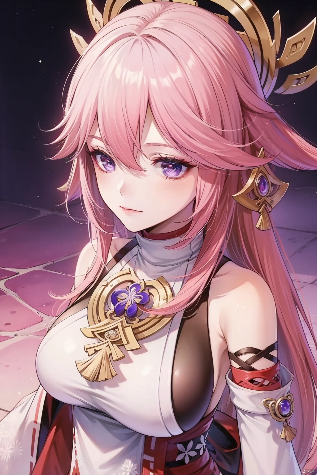 yae miko, 1girl, solo, breasts, pink hair, purple eyes, long hair, looking at viewer, detached sleeves, hair between eyes, bare shoulders, wide sleeves, japanese clothes, large breasts, hair ornament, upper body, bangs, closed mouth, vision \(genshin impact\), long sleeves, blush, jewelry, fox ears
