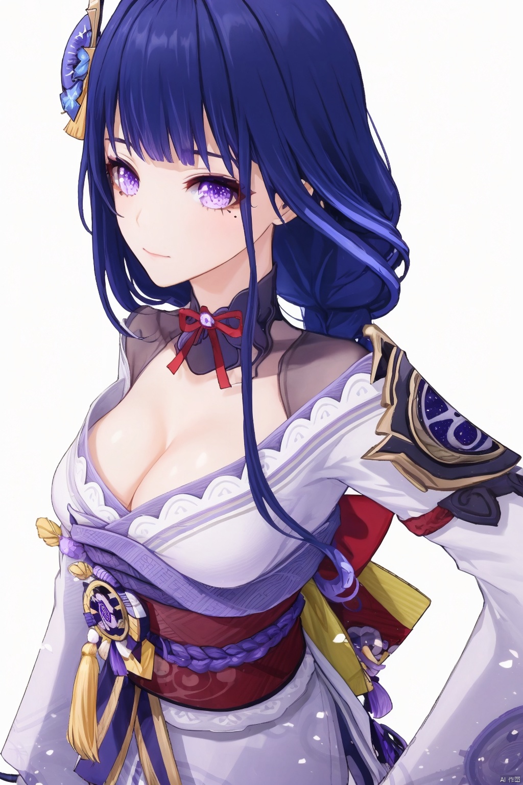 raiden shogun, solo, 1girl, breasts, long hair, looking at viewer, purple eyes, japanese clothes, cleavage, purple hair, white background, bangs, sash, hair ornament, braid, obi, ribbon, obiage, kimono, simple background, closed mouth, armor, shoulder armor, purple flower, obijime, tassel, wide sleeves, long sleeves, flower, bridal gauntlets, mole under eye, mole, large breasts, floral print, tomoe \(symbol\)
