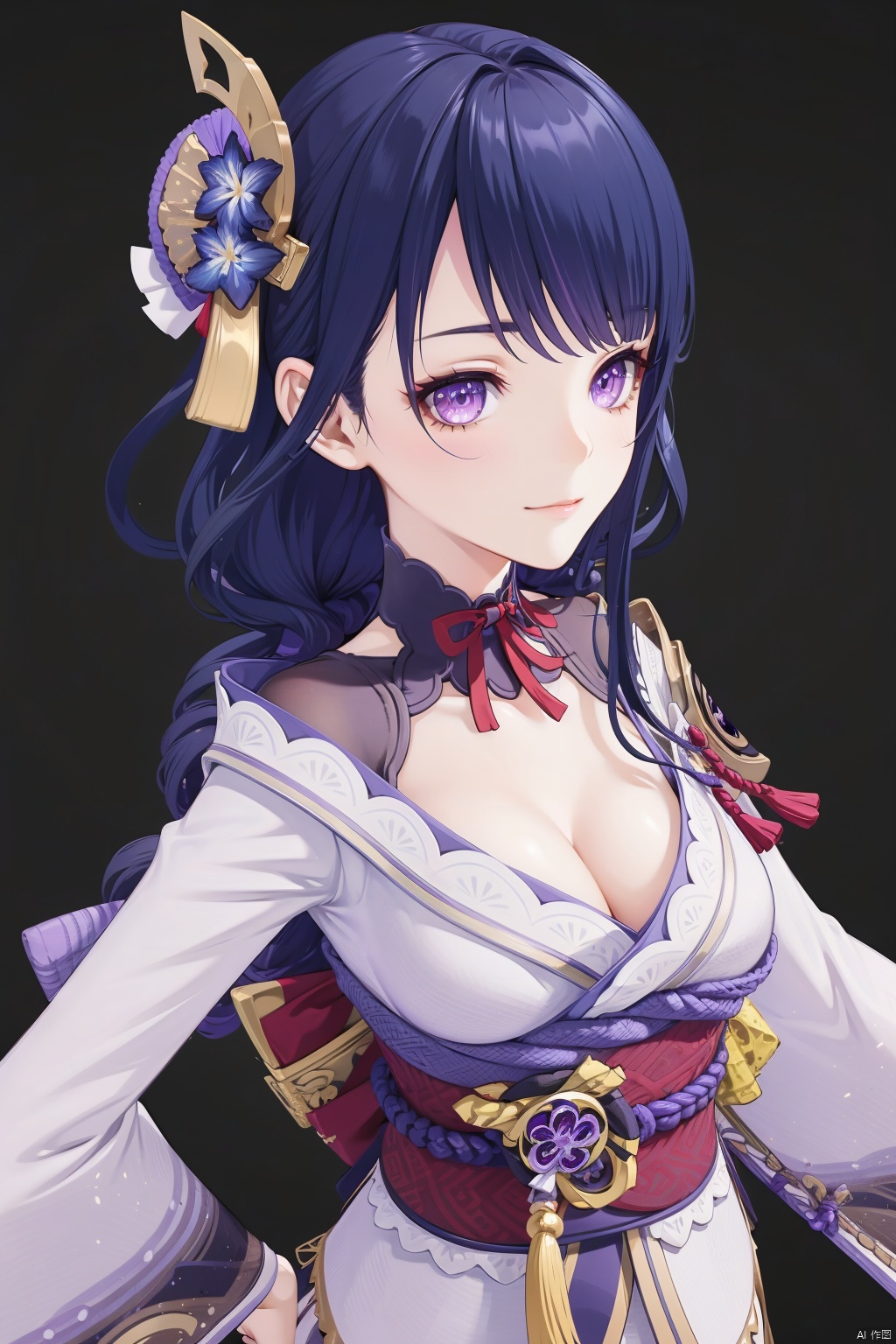 raiden shogun, 1girl, breasts, solo, mole, long hair, japanese clothes, sash, mole under eye, obiage, obi, cleavage, purple eyes, kimono, purple flower, hair ornament, looking at viewer, obijime, simple background, purple hair, ribbon, bangs, armor, closed mouth, tassel, flower, shoulder armor, wide sleeves, black background, floral print, long sleeves, large breasts, tomoe \(symbol\), mitsudomoe \(shape\)