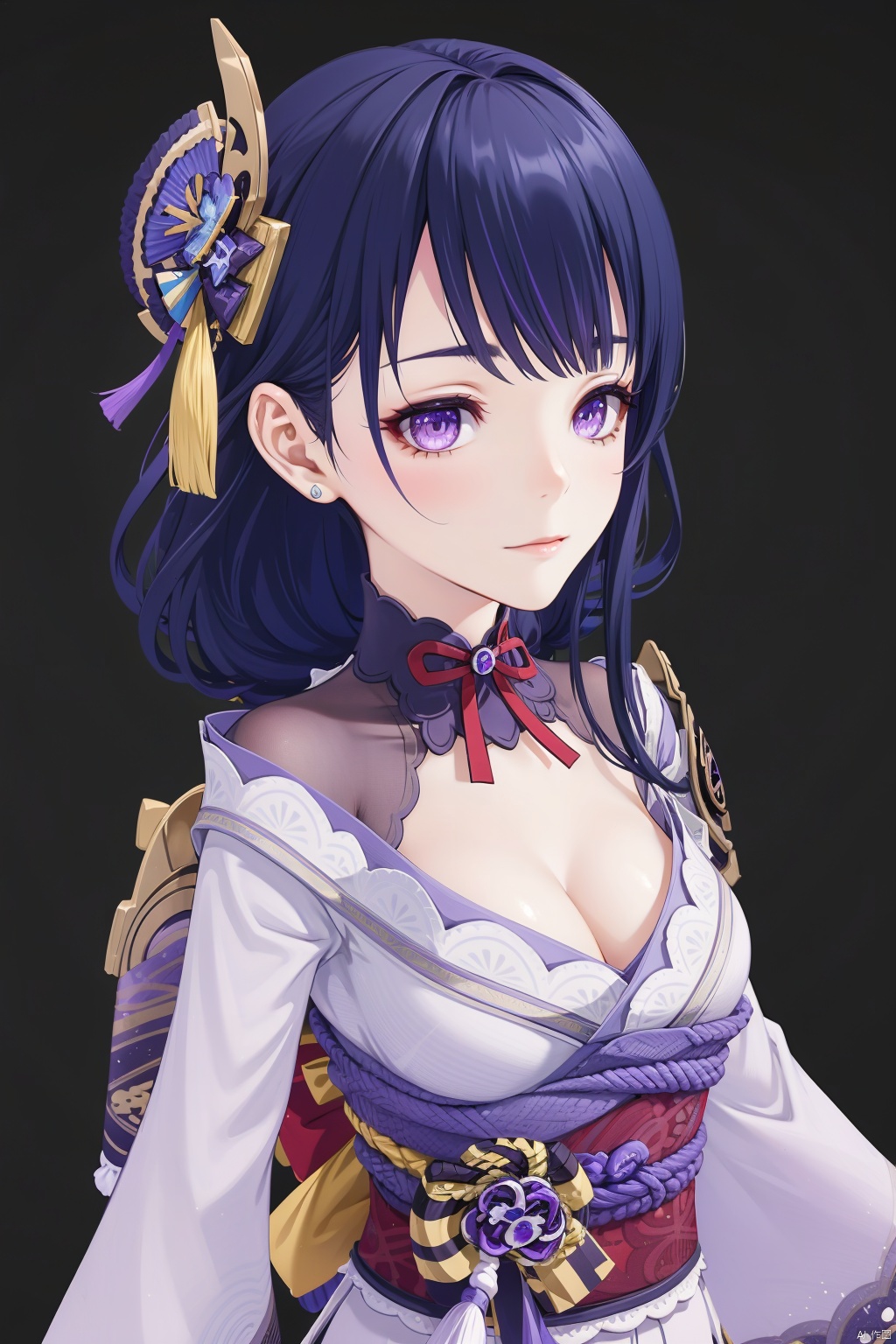 raiden shogun, 1girl, breasts, solo, mole, long hair, japanese clothes, sash, mole under eye, obiage, obi, cleavage, purple eyes, kimono, purple flower, hair ornament, looking at viewer, obijime, simple background, purple hair, ribbon, bangs, armor, closed mouth, tassel, flower, shoulder armor, wide sleeves, black background, floral print, long sleeves, large breasts, tomoe \(symbol\), mitsudomoe \(shape\)