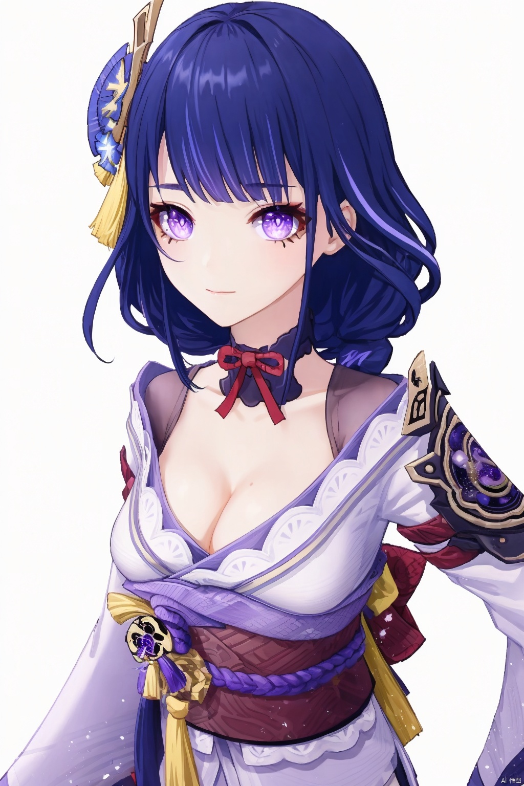 raiden shogun, solo, 1girl, breasts, long hair, looking at viewer, purple eyes, japanese clothes, cleavage, purple hair, white background, bangs, sash, hair ornament, braid, obi, ribbon, obiage, kimono, simple background, closed mouth, armor, shoulder armor, purple flower, obijime, tassel, wide sleeves, long sleeves, flower, bridal gauntlets, mole under eye, mole, large breasts, floral print, tomoe \(symbol\)
