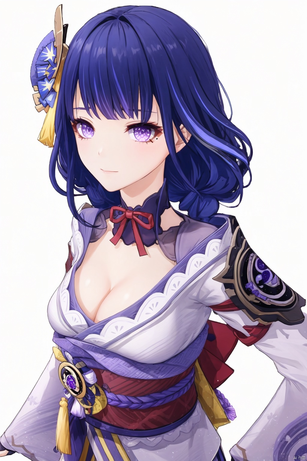 raiden shogun, solo, 1girl, breasts, long hair, looking at viewer, purple eyes, japanese clothes, cleavage, purple hair, white background, bangs, sash, hair ornament, braid, obi, ribbon, obiage, kimono, simple background, closed mouth, armor, shoulder armor, purple flower, obijime, tassel, wide sleeves, long sleeves, flower, bridal gauntlets, mole under eye, mole, large breasts, floral print, tomoe \(symbol\)
