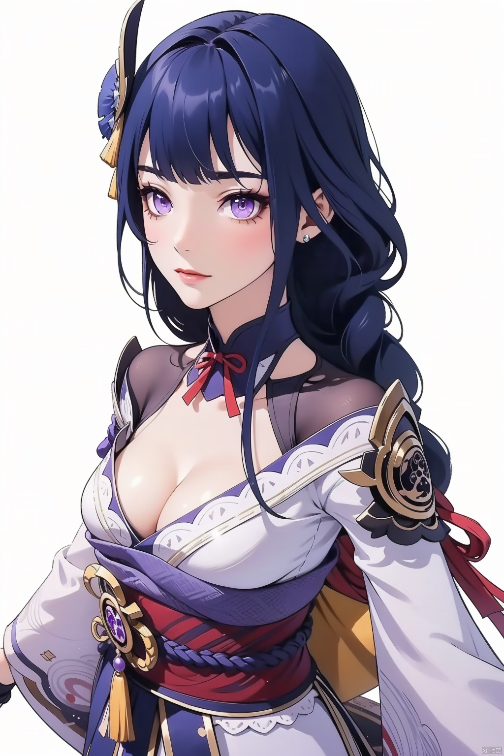  raiden shogun, solo, 1girl, breasts, long hair, looking at viewer, purple eyes, japanese clothes, cleavage, purple hair, white background, bangs, sash, hair ornament, braid, obi, ribbon, obiage, kimono, simple background, closed mouth, armor, shoulder armor, purple flower, obijime, tassel, wide sleeves, long sleeves, flower, bridal gauntlets, mole under eye, mole, large breasts, floral print, tomoe \(symbol\)