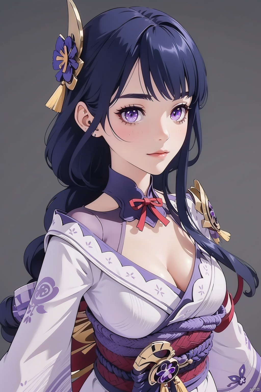  raiden shogun, solo, 1girl, breasts, long hair, looking at viewer, purple eyes, japanese clothes, cleavage, purple hair, white background, bangs, sash, hair ornament, braid, obi, ribbon, obiage, kimono, simple background, closed mouth, armor, shoulder armor, purple flower, obijime, tassel, wide sleeves, long sleeves, flower, bridal gauntlets, mole under eye, mole, large breasts, floral print, tomoe \(symbol\)