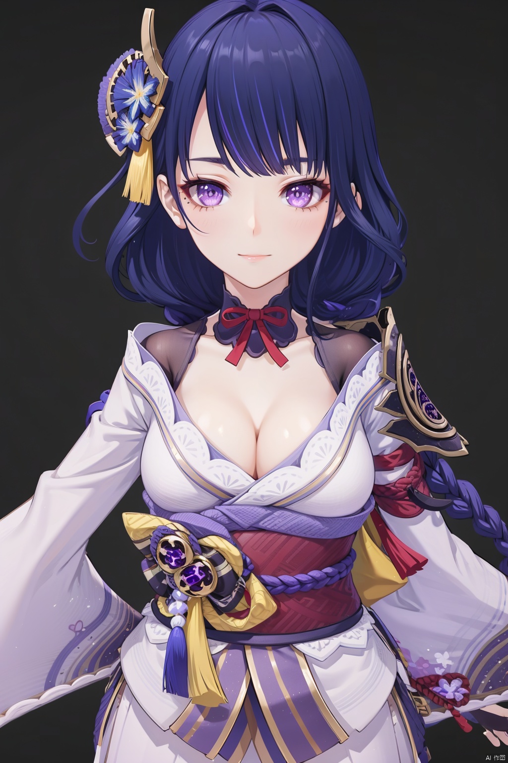 raiden shogun, 1girl, breasts, solo, mole, long hair, japanese clothes, sash, mole under eye, obiage, obi, cleavage, purple eyes, kimono, purple flower, hair ornament, looking at viewer, obijime, simple background, purple hair, ribbon, bangs, armor, closed mouth, tassel, flower, shoulder armor, wide sleeves, black background, floral print, long sleeves, large breasts, tomoe \(symbol\), mitsudomoe \(shape\)