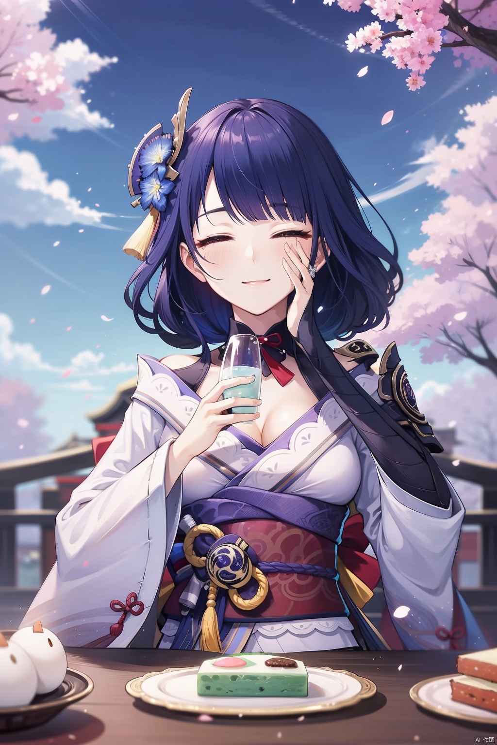 raiden shogun, 1girl, food, sash, japanese clothes, breasts, obi, hand on own face, wagashi, closed eyes, purple hair, solo, hand on own cheek, cleavage, hair ornament, bridal gauntlets, bottle, obiage, kimono, obijime, armor, bangs, mole under eye, tomoe \(symbol\), blush, smile, holding, mitsudomoe \(shape\), dango, sparkle, cherry blossoms, sky, day, outdoors, mole, onigiri, wide sleeves, plate, blurry, eating, long hair, cup, ^_^, long sleeves, petals, blunt bangs, shoulder armor, cloud, vision \(genshin impact\), tree, closed mouth, purple kimono, blue sky, facing viewer, holding bottle, braid, large breasts, raiden shogun