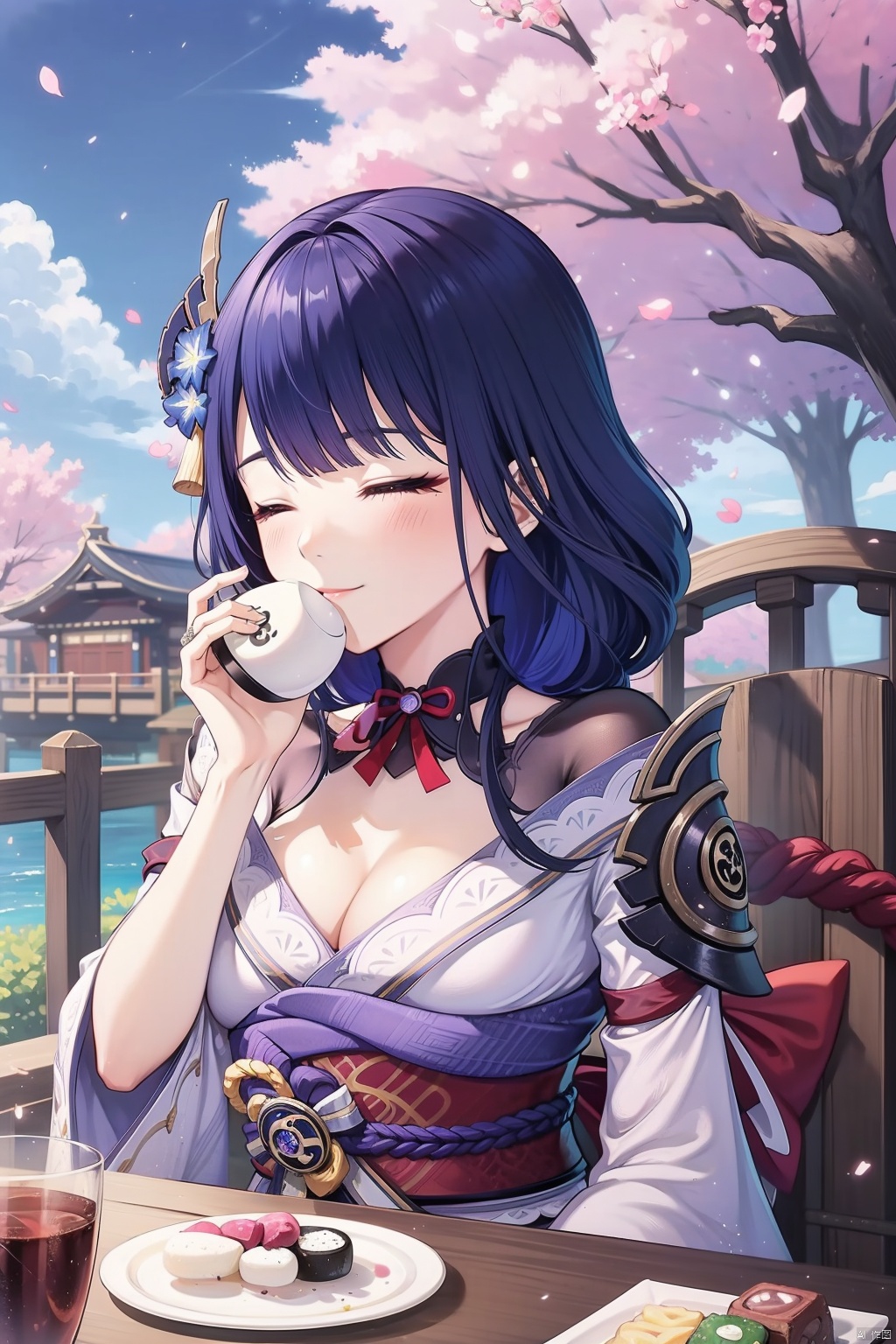 raiden shogun, 1girl, food, sash, japanese clothes, breasts, obi, hand on own face, wagashi, closed eyes, purple hair, solo, hand on own cheek, cleavage, hair ornament, bridal gauntlets, bottle, obiage, kimono, obijime, armor, bangs, mole under eye, tomoe \(symbol\), blush, smile, holding, mitsudomoe \(shape\), dango, sparkle, cherry blossoms, sky, day, outdoors, mole, onigiri, wide sleeves, plate, blurry, eating, long hair, cup, ^_^, long sleeves, petals, blunt bangs, shoulder armor, cloud, vision \(genshin impact\), tree, closed mouth, purple kimono, blue sky, facing viewer, holding bottle, braid, large breasts, raiden shogun
