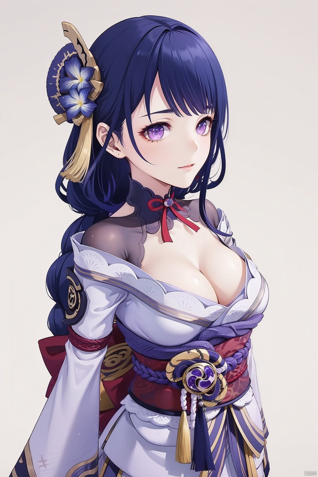 raiden shogun, solo, 1girl, breasts, long hair, looking at viewer, purple eyes, japanese clothes, cleavage, purple hair, white background, bangs, sash, hair ornament, braid, obi, ribbon, obiage, kimono, simple background, closed mouth, armor, shoulder armor, purple flower, obijime, tassel, wide sleeves, long sleeves, flower, bridal gauntlets, mole under eye, mole, large breasts, floral print, tomoe \(symbol\)
, raiden shogun
