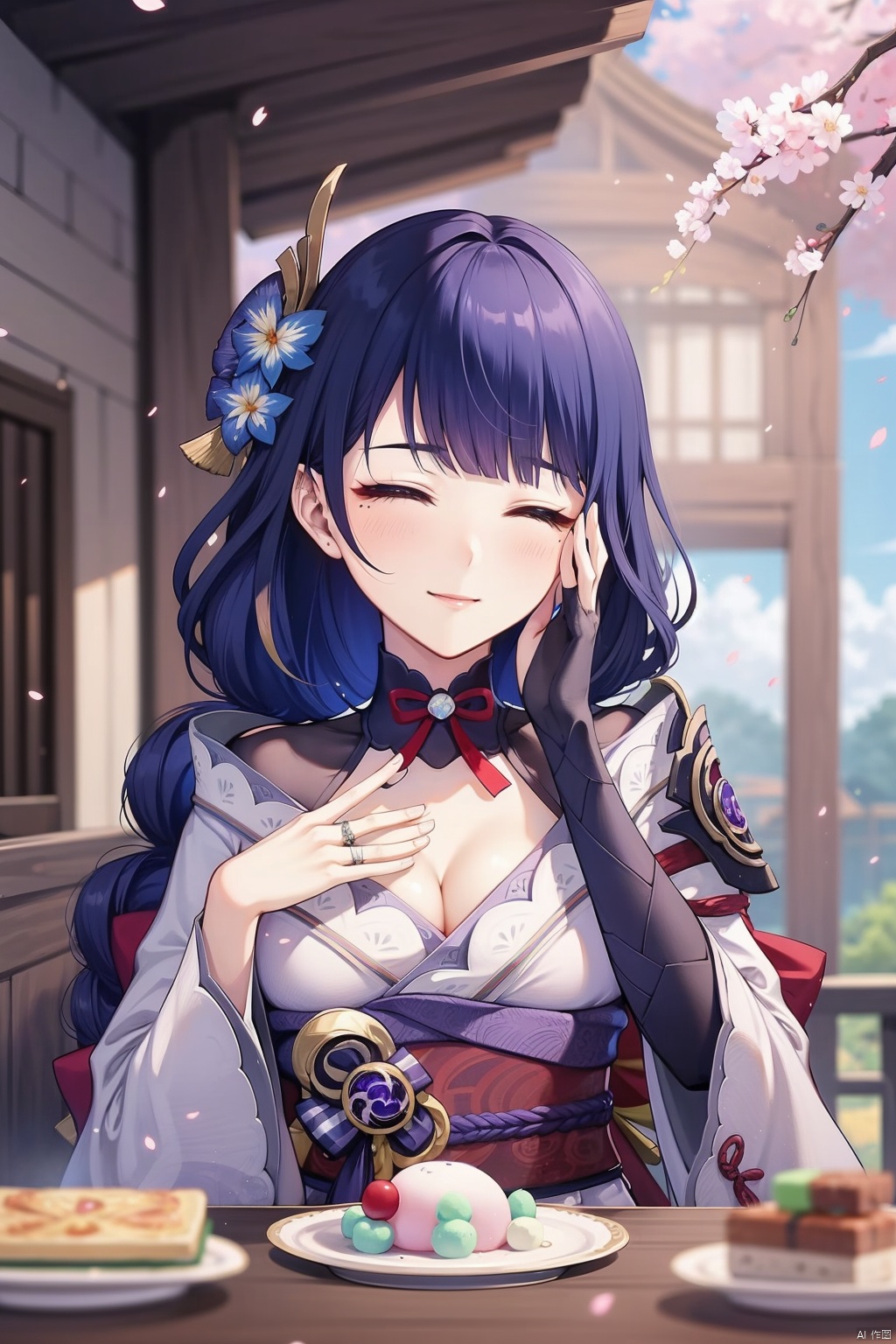 raiden shogun, 1girl, food, sash, japanese clothes, breasts, obi, hand on own face, wagashi, closed eyes, purple hair, solo, hand on own cheek, cleavage, hair ornament, bridal gauntlets, bottle, obiage, kimono, obijime, armor, bangs, mole under eye, tomoe \(symbol\), blush, smile, holding, mitsudomoe \(shape\), dango, sparkle, cherry blossoms, sky, day, outdoors, mole, onigiri, wide sleeves, plate, blurry, eating, long hair, cup, ^_^, long sleeves, petals, blunt bangs, shoulder armor, cloud, vision \(genshin impact\), tree, closed mouth, purple kimono, blue sky, facing viewer, holding bottle, braid, large breasts, raiden shogun