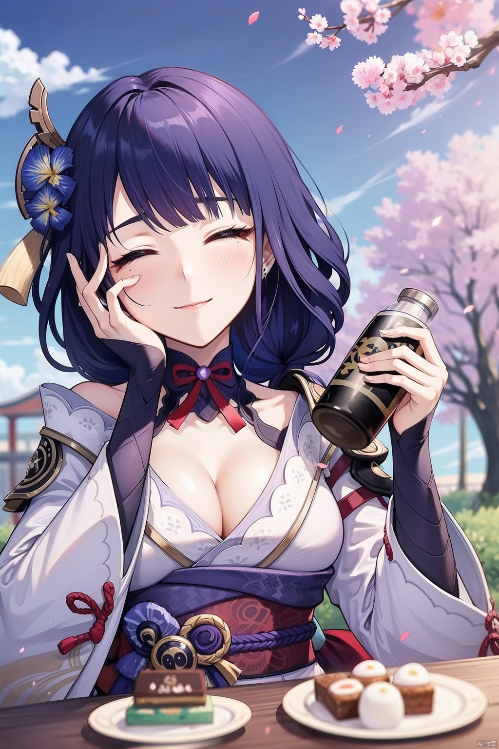 raiden shogun, 1girl, food, sash, japanese clothes, breasts, obi, hand on own face, wagashi, closed eyes, purple hair, solo, hand on own cheek, cleavage, hair ornament, bridal gauntlets, bottle, obiage, kimono, obijime, armor, bangs, mole under eye, tomoe \(symbol\), blush, smile, holding, mitsudomoe \(shape\), dango, sparkle, cherry blossoms, sky, day, outdoors, mole, onigiri, wide sleeves, plate, blurry, eating, long hair, cup, ^_^, long sleeves, petals, blunt bangs, shoulder armor, cloud, vision \(genshin impact\), tree, closed mouth, purple kimono, blue sky, facing viewer, holding bottle, braid, large breasts, raiden shogun