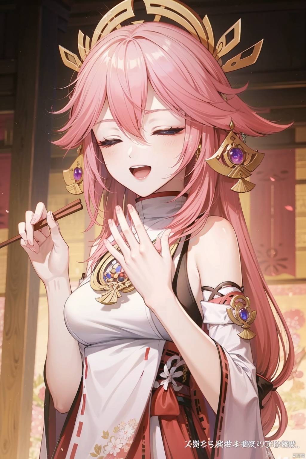 yae miko, 1girl, chopsticks, long hair, pink hair, solo, hair between eyes, detached sleeves, closed eyes, bangs, fox ears, holding chopsticks, animal ears, holding, jewelry, earrings, sidelocks, smile, blurry, vision \(genshin impact\), hair ornament, depth of field, japanese clothes, wide sleeves, ^_^, chinese text, long sleeves, fox girl, subtitled, nontraditional miko, breasts, upper body, :d