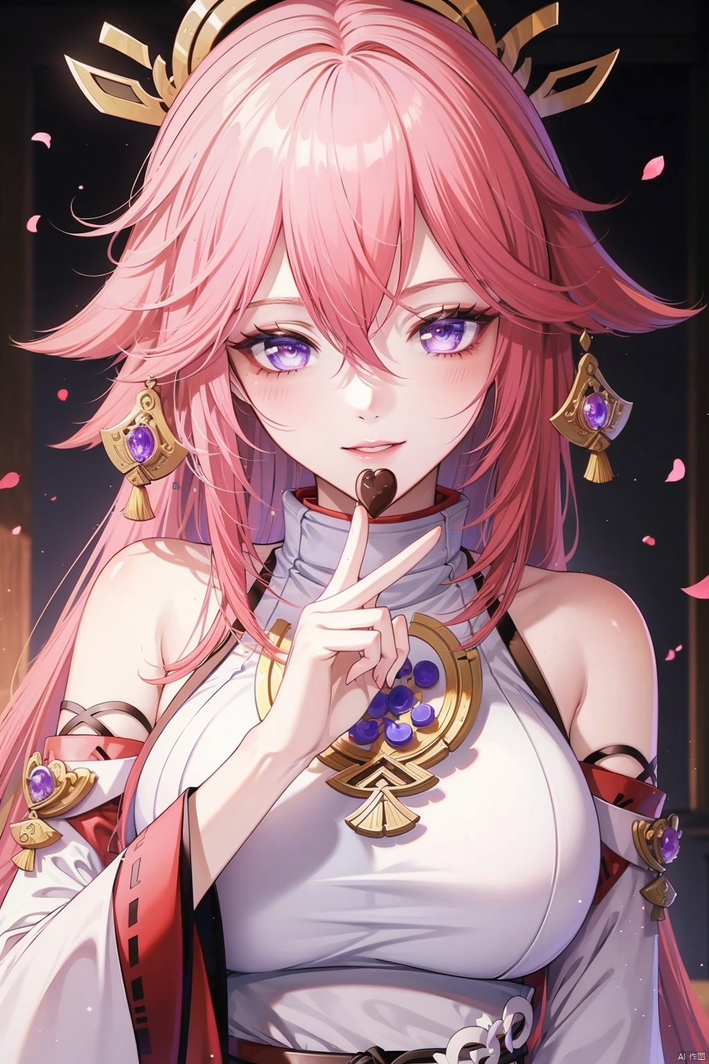yae miko, 1girl, solo, breasts, purple eyes, smile, heart-shaped chocolate, pink hair, food, looking at viewer, chocolate, candy, long hair, fox ears, large breasts, animal ears, bare shoulders, blush, hair between eyes, heart, upper body, bangs, detached sleeves, holding, japanese clothes, hair ornament, parted lips, wide sleeves, holding food, jewelry, earrings, shirt, long sleeves, petals, flower