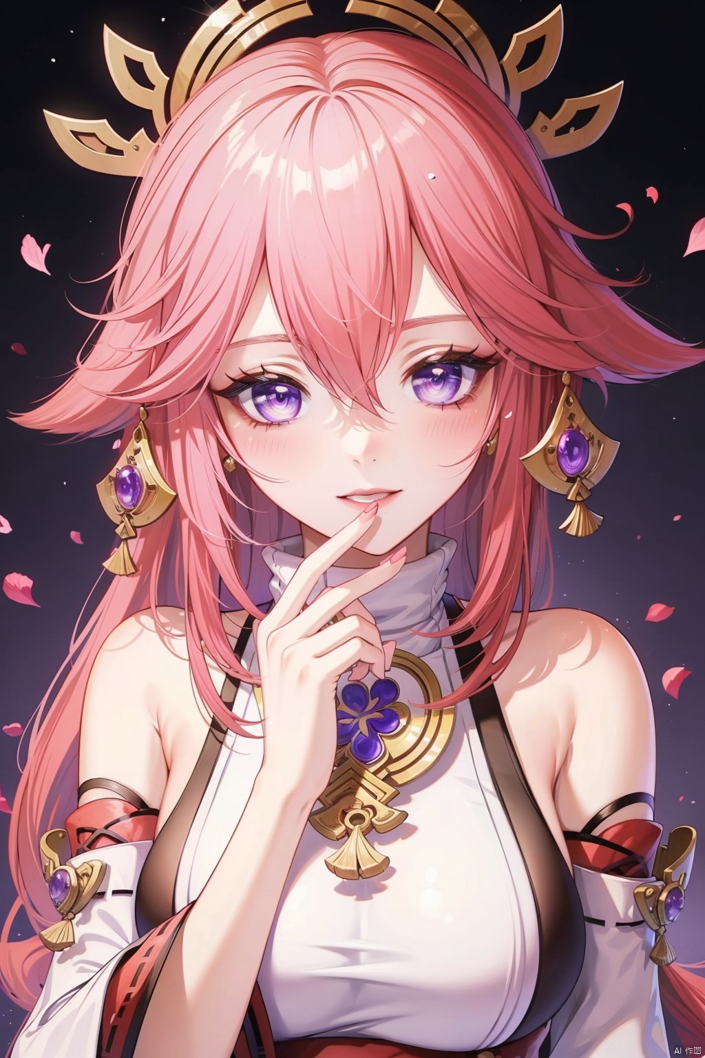 yae miko, 1girl, solo, breasts, purple eyes, smile, heart-shaped chocolate, pink hair, food, looking at viewer, chocolate, candy, long hair, fox ears, large breasts, animal ears, bare shoulders, blush, hair between eyes, heart, upper body, bangs, detached sleeves, holding, japanese clothes, hair ornament, parted lips, wide sleeves, holding food, jewelry, earrings, shirt, long sleeves, petals, flower