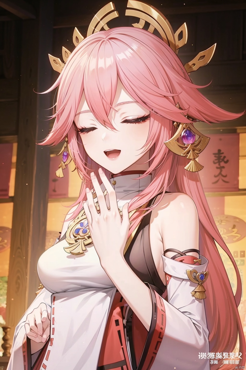 yae miko, 1girl, chopsticks, long hair, pink hair, solo, hair between eyes, detached sleeves, closed eyes, bangs, fox ears, holding chopsticks, animal ears, holding, jewelry, earrings, sidelocks, smile, blurry, vision \(genshin impact\), hair ornament, depth of field, japanese clothes, wide sleeves, ^_^, chinese text, long sleeves, fox girl, subtitled, nontraditional miko, breasts, upper body, :d