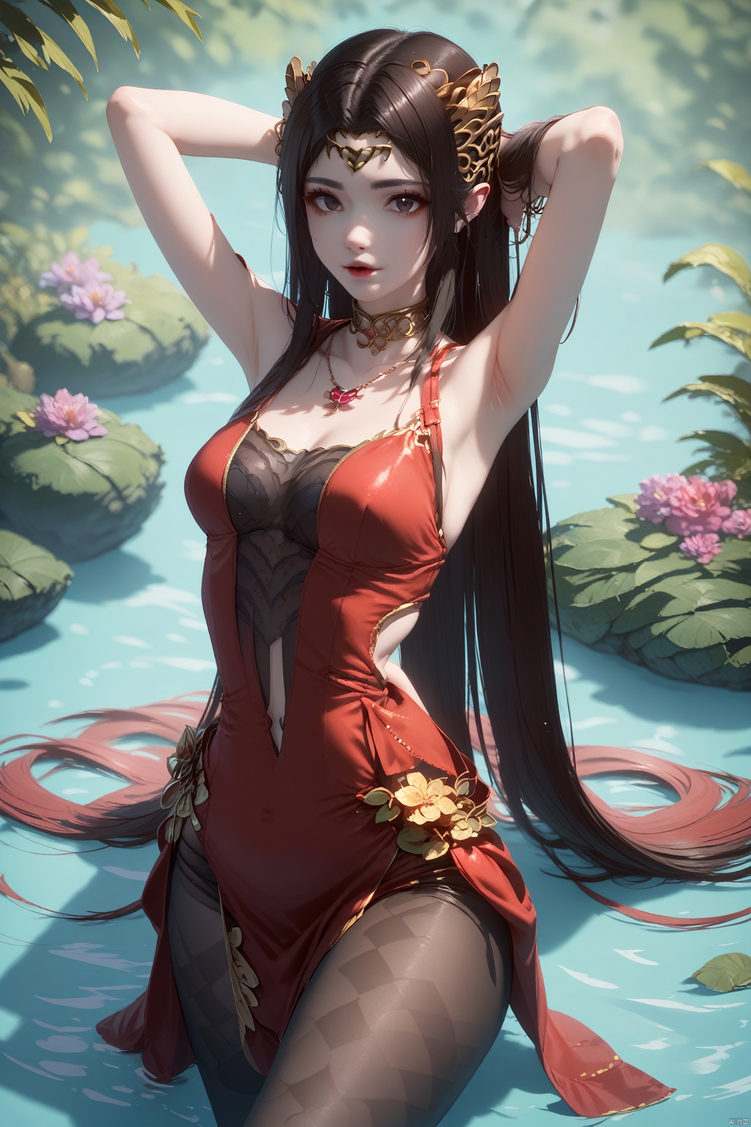  score_9, score_8_up, score_7_up, abstract,psychedelic, 1girl,solo,very long hair,flower,looking at viewer,hair ornament,red dress,(arms behind head:1.2),black pantyhose, water,bare shoulders, mei du sha