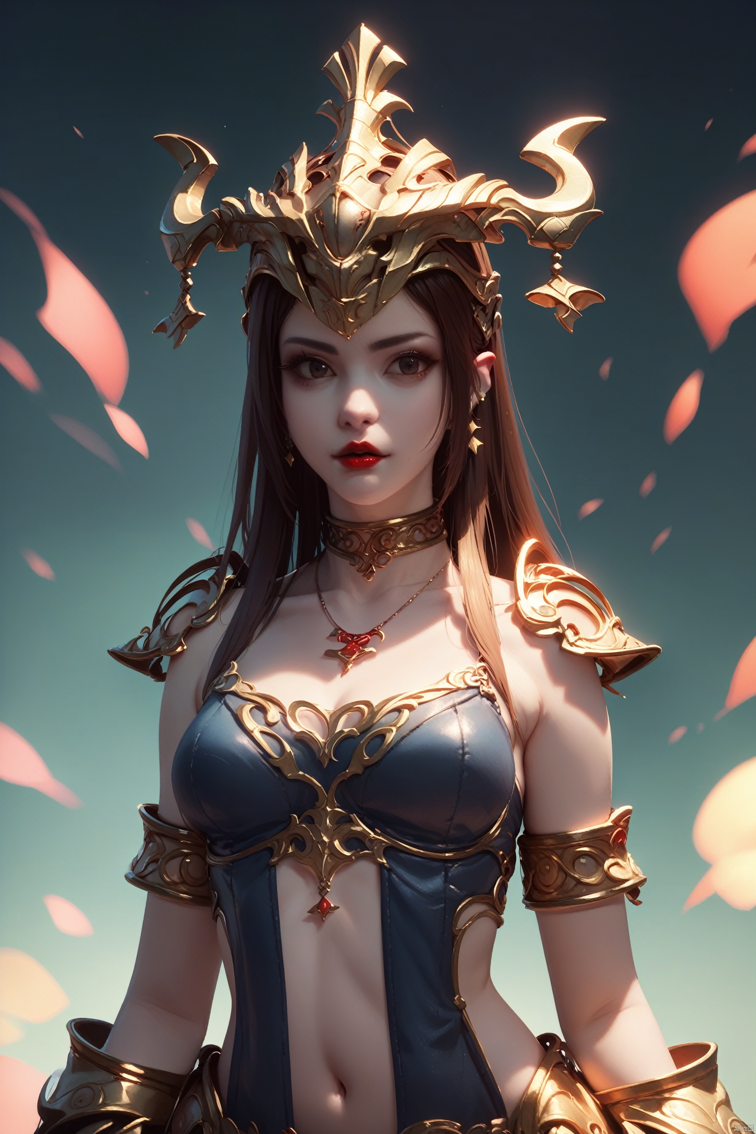  score_9, score_8_up, score_7_up, abstract,psychedelic, 1girl,solo,choker,armor,armlet,helmet,standing,jewelry,hair ornament,earring,necklace,red lips,realistic,looking at viewer, mei du sha, mei du sha