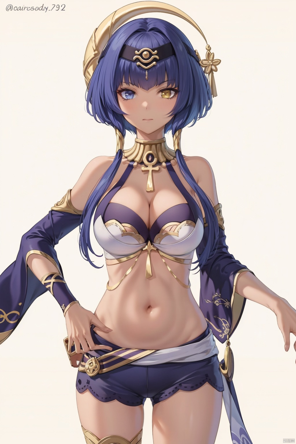candace, 1girl, breasts, solo, eye of horus, yellow eyes, navel, heterochromia, blue eyes, dark skin, stomach, cleavage, blue hair, large breasts, dark-skinned female, looking at viewer, bangs, neck ring, white background, hair ornament, twitter username, detached sleeves, closed mouth, crop top, bare shoulders, jewelry, simple background, egyptian clothes, gold trim, cowboy shot, thighs, shorts, hairband, sidelocks, long hair, short hair with long locks
