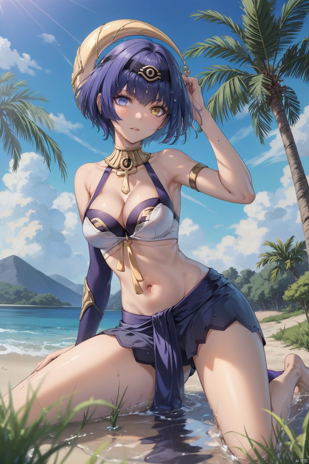 candace, 1girl, solo, eye of horus, heterochromia, breasts, neck ring, blue eyes, outdoors, navel, yellow eyes, sky, dark skin, jewelry, looking at viewer, tree, bare shoulders, day, thighs, dark-skinned female, water, palm tree, blue sky, crop top, egyptian clothes, short hair with long locks, cleavage, stomach, parted lips, cloud, wet, sidelocks, bangs, shallow water, thighlet, arm support, blue hair, medium breasts, sitting, arm up, gold trim, armlet, skirt, halterneck, hairband, hair ornament, contrail, yokozuwari, detached sleeves, midriff, hair intakes, hand in own hair, purple hair
