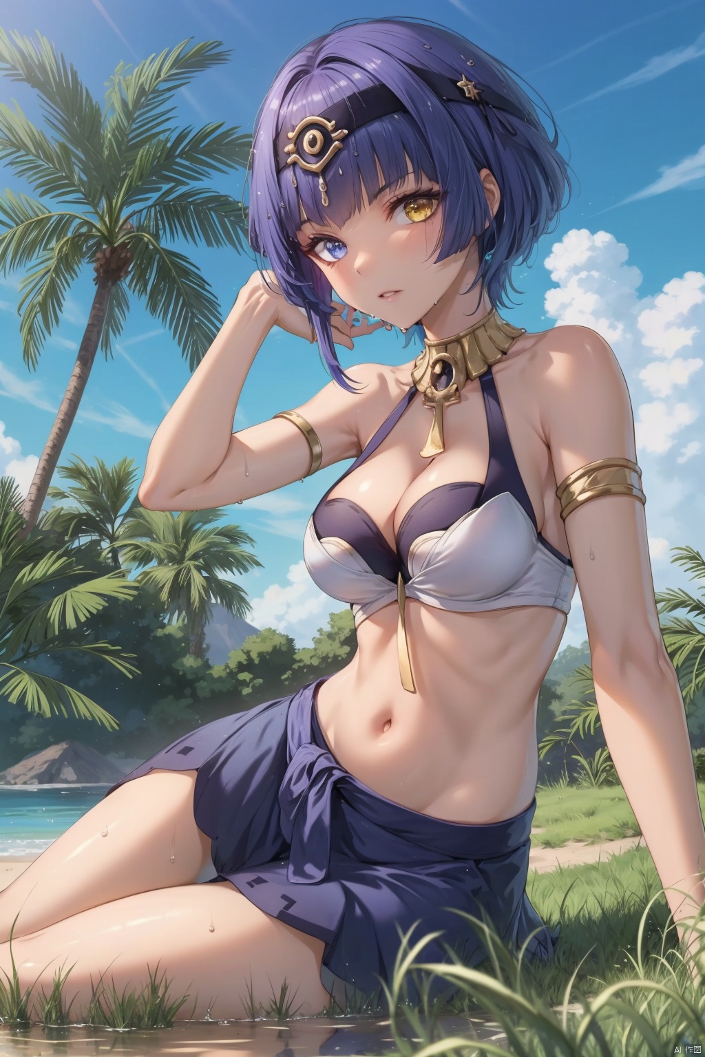 candace, 1girl, solo, eye of horus, heterochromia, breasts, neck ring, blue eyes, outdoors, navel, yellow eyes, sky, dark skin, jewelry, looking at viewer, tree, bare shoulders, day, thighs, dark-skinned female, water, palm tree, blue sky, crop top, egyptian clothes, short hair with long locks, cleavage, stomach, parted lips, cloud, wet, sidelocks, bangs, shallow water, thighlet, arm support, blue hair, medium breasts, sitting, arm up, gold trim, armlet, skirt, halterneck, hairband, hair ornament, contrail, yokozuwari, detached sleeves, midriff, hair intakes, hand in own hair, purple hair
