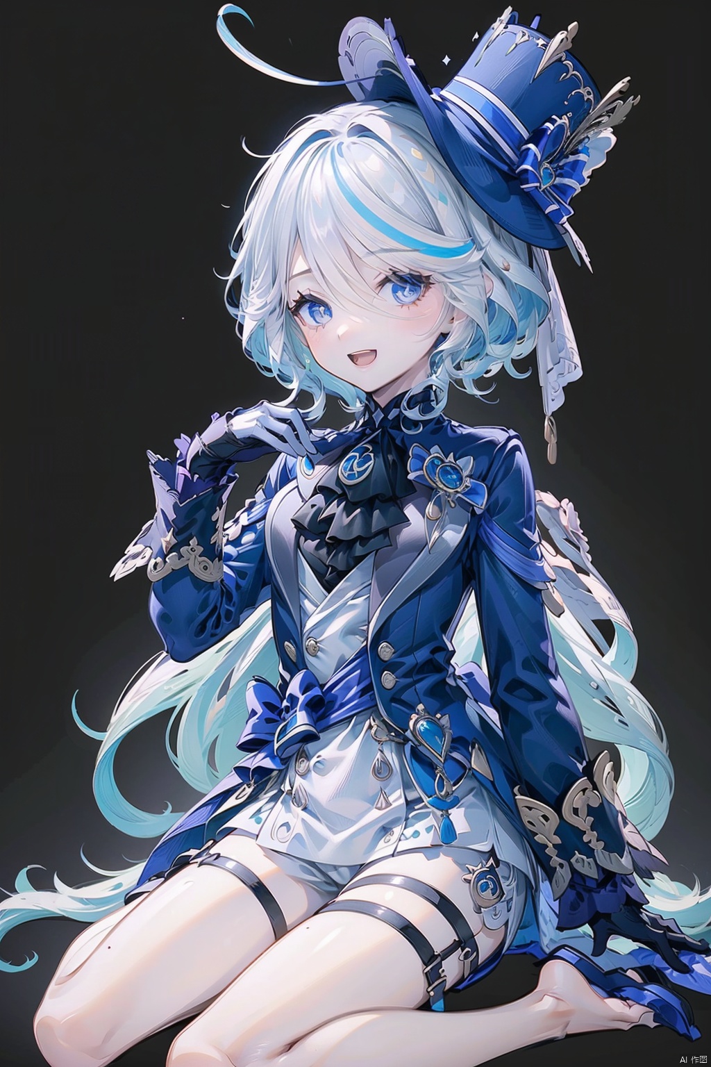 furina, 1girl, solo, gloves, single glove, white background, shorts, blue eyes, smile, long hair, hat, simple background, blue headwear, looking at viewer, sitting, open mouth, multicolored hair, ahoge, white shorts, black gloves, shirt, frilled sleeves, streaked hair, blue hair, long sleeves, hair between eyes, :d, ascot, jacket, top hat, brooch, very long hair, frills, white hair, hand up, bow, bangs, wariza, white shirt, short shorts

